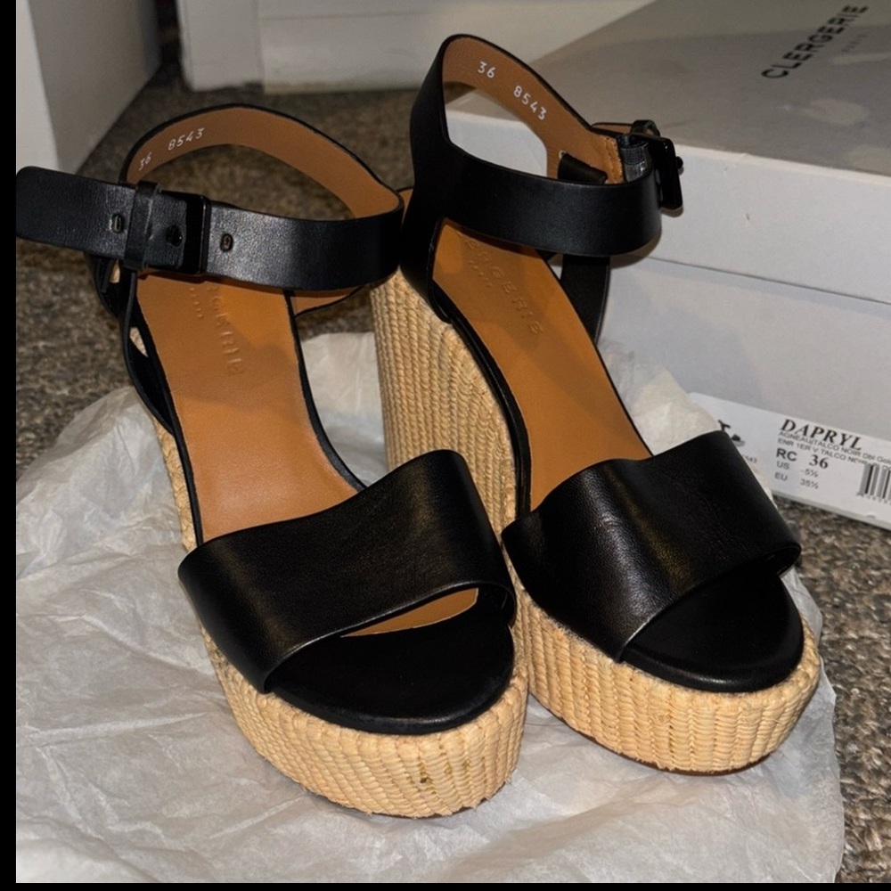 Brand New Size 5.5 Women’s Black and Tan Clergerie Wedges
